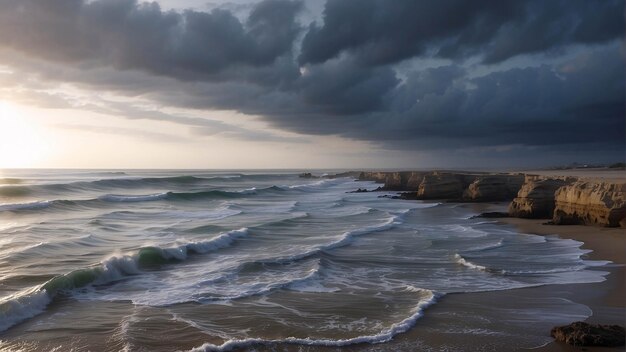 Foto di un tramonto pacifico sulla spiaggia Oceano sul litorale con nuvole di sabbia drammatica sulla riva