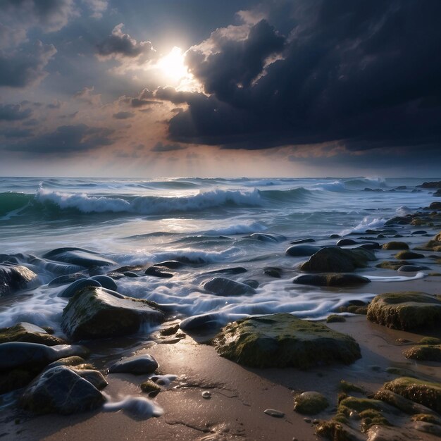 Foto di un tramonto pacifico sulla spiaggia Oceano sul litorale con nuvole di sabbia drammatica sulla riva