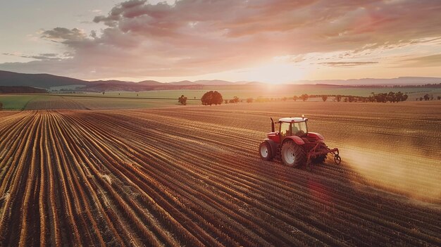 Foto di un trattore in un campo con il tramonto sullo sfondo agricoltura e agricoltura
