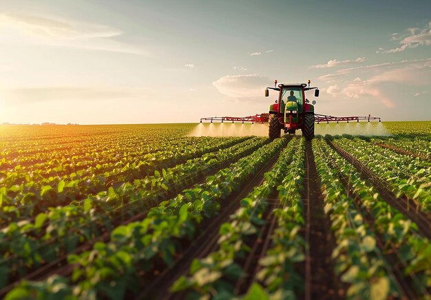 Foto di un trattore in un campo con il tramonto sullo sfondo agricoltura e agricoltura