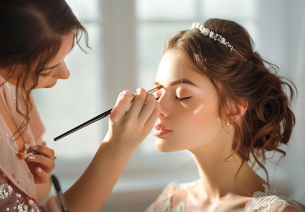 Foto di un truccatore che fa il trucco elegante alla sposa