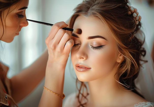 Foto di un truccatore che fa il trucco elegante alla sposa