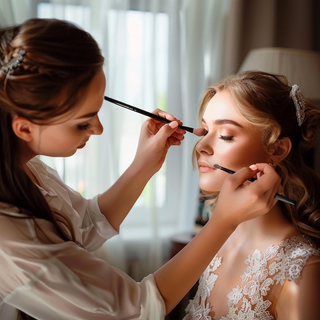 Foto di un truccatore che fa il trucco elegante alla sposa