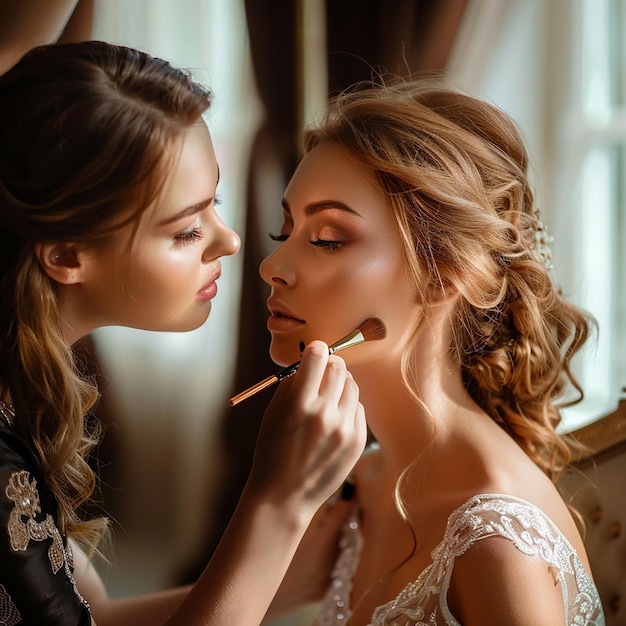 Foto di un truccatore che fa il trucco elegante alla sposa