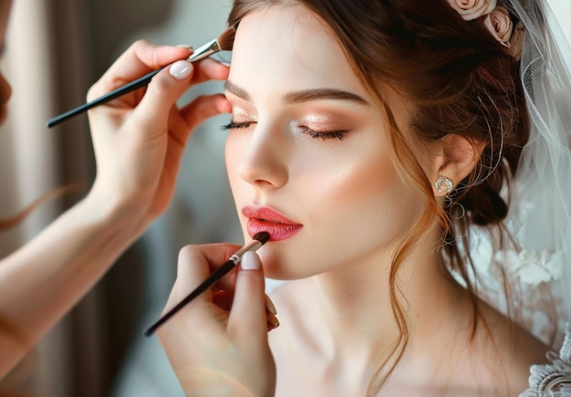 Foto di un truccatore che fa il trucco elegante alla sposa