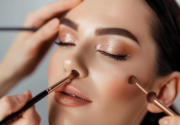 Foto di un truccatore che fa il trucco elegante alla sposa