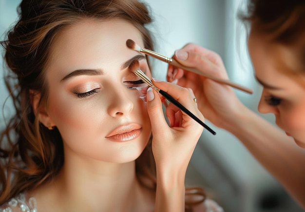 Foto di un truccatore che fa il trucco elegante alla sposa