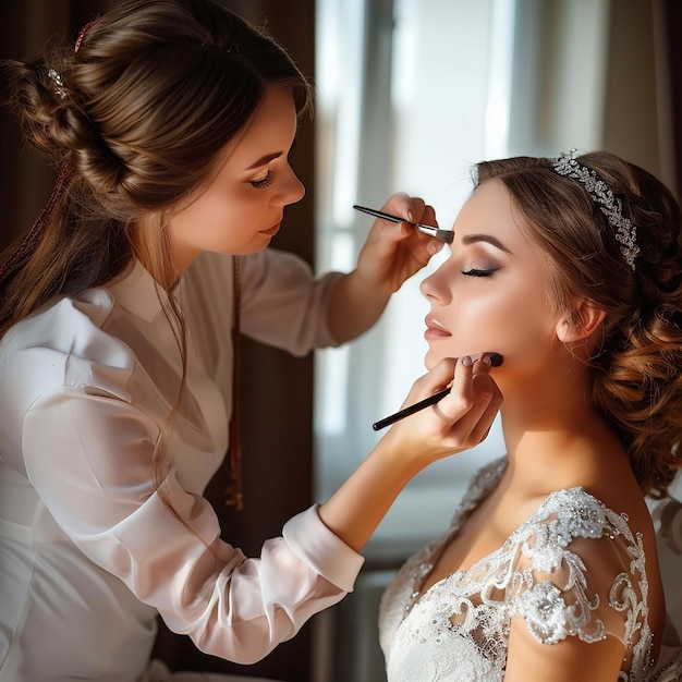 Foto di un truccatore che fa il trucco elegante alla sposa