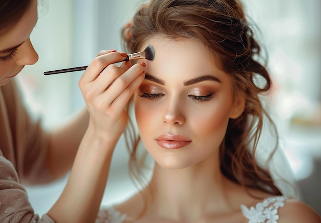 Foto di un truccatore che fa il trucco elegante alla sposa