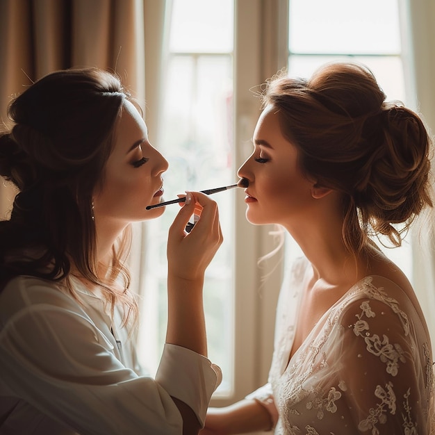 Foto di un truccatore che fa il trucco elegante alla sposa