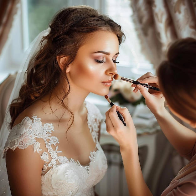 Foto di un truccatore che fa il trucco elegante alla sposa