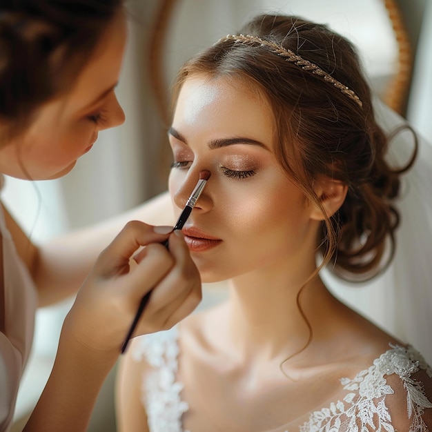 Foto di un truccatore che fa il trucco elegante alla sposa