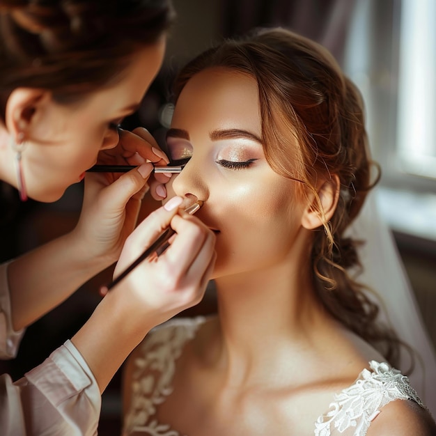 Foto di un truccatore che fa il trucco elegante alla sposa