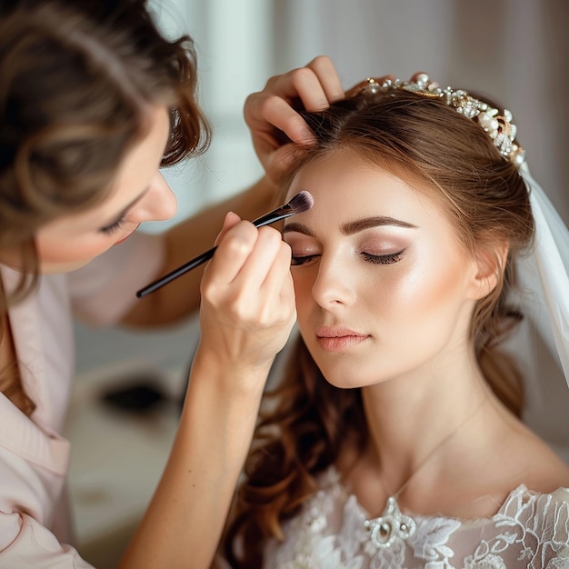 Foto di un truccatore che fa il trucco elegante alla sposa