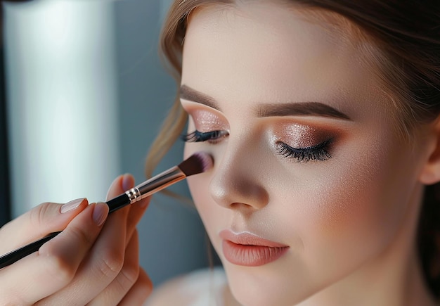 Foto di un truccatore che fa il trucco elegante alla sposa