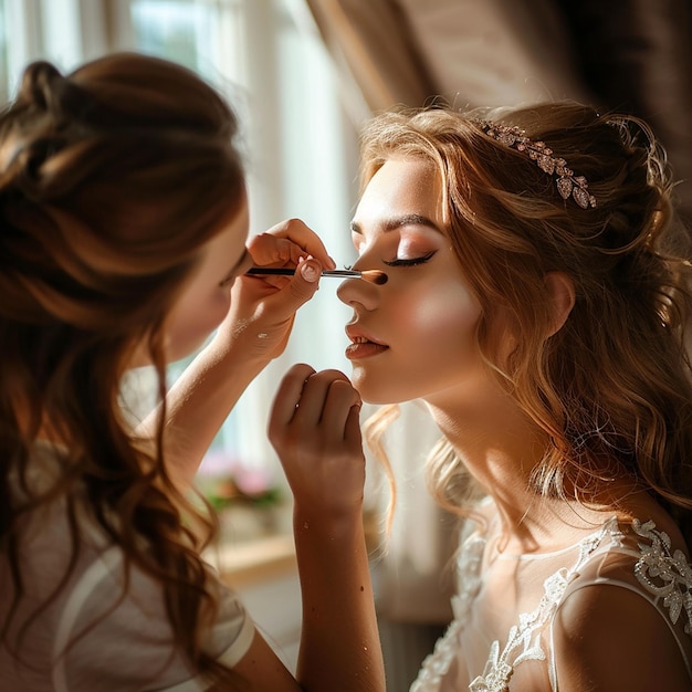 Foto di un truccatore che fa il trucco elegante alla sposa