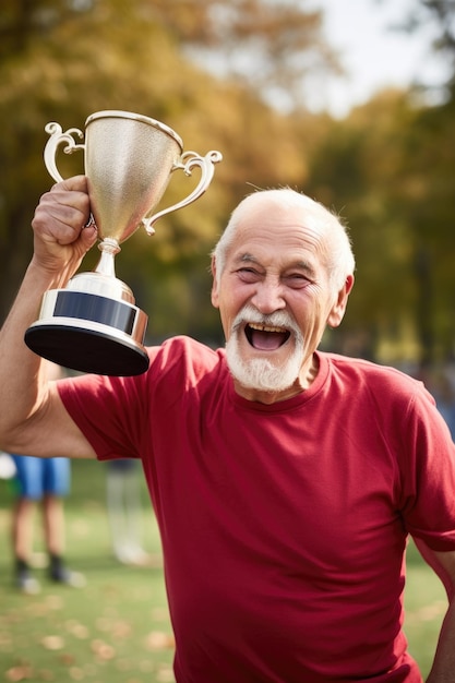 Foto di un uomo anziano che tiene in alto il suo trofeo dopo aver vinto una caccia al tesoro