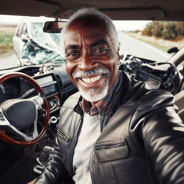 foto di un uomo anziano felice sorridente con un incidente d'auto incidente generativo AI