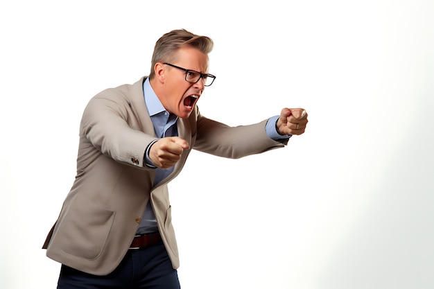 Foto di un uomo arrabbiato sullo sfondo bianco dello studio