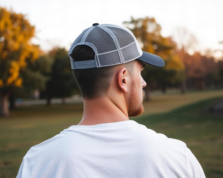 Foto di un uomo che indossa una maglietta bianca e un cappello da camionista scattato da dietro in un parco all'aperto