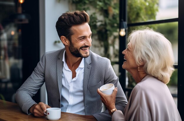 foto di un uomo che parla con sua madre mentre mangia colazione al tavolo da pranzo generato da AI
