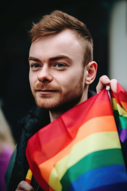 Foto di un uomo che tiene una bandiera arcobaleno e indossa un bottone