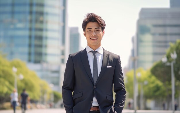 Foto di un uomo d'affari asiatico di successo in giacca e cravatta per strada vicino a un business center