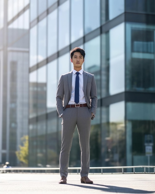 Foto di un uomo d'affari asiatico di successo in giacca e cravatta per strada vicino a un business center