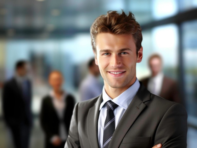 foto di un uomo d'affari in focus sorridente sullo sfondo con un ufficio generato da AI