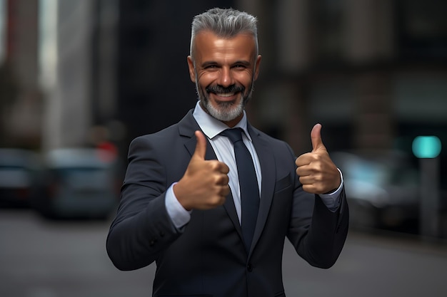 Foto di un uomo d'affari sorridente che posa all'aperto con le braccia incrociate e copia lo spazio