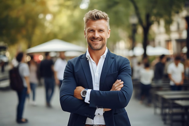 Foto di un uomo d'affari sorridente che posa all'aperto con le braccia incrociate e copia lo spazio