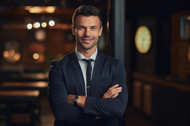 Foto di un uomo d'affari sorridente in posa al coperto con le braccia incrociate e spazio di copia