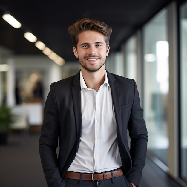 foto di un uomo d'affari tedesco di 25 anni sorridente capelli castani corpo pieno in piedi in ufficio