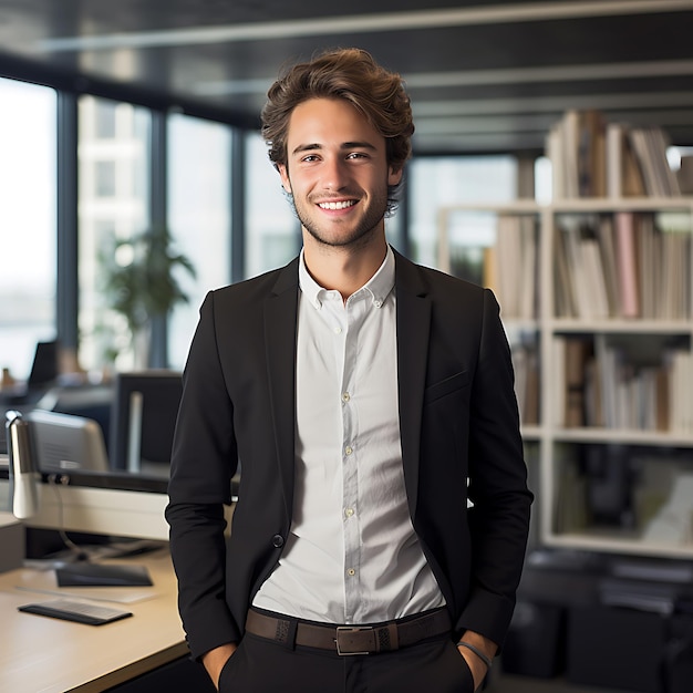 foto di un uomo d'affari tedesco di 25 anni, sorridente, con i capelli castani, in piedi in ufficio