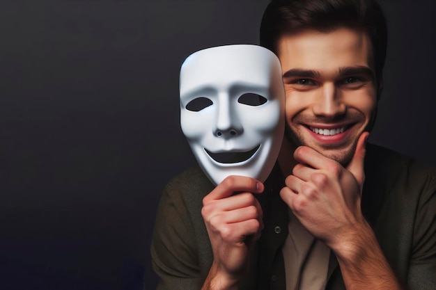 Foto di un uomo felice e sorridente che tiene una maschera triste emozioni su uno sfondo nero solido ai generativo