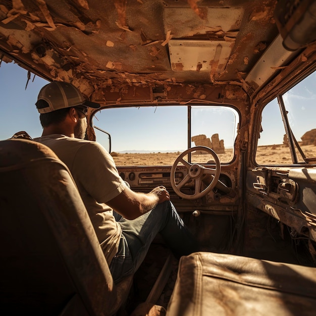 foto di un uomo seduto in un'auto distrutta