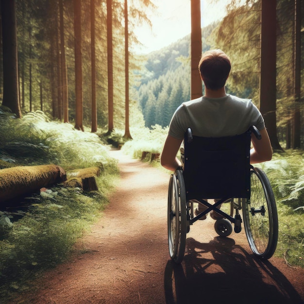 foto di un utilizzatore di sedia a rotelle che si gode la natura in una passeggiata in città