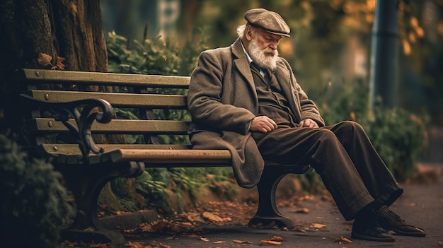 Foto di un vecchio che si riposa accanto alla panchina