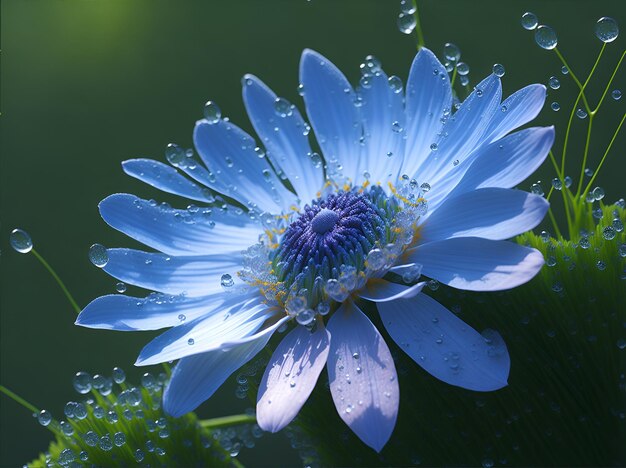 Foto di un vibrante fiore blu ricoperto di scintillanti gocce d'acqua