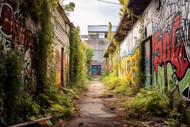 Foto di un vicolo urbano abbandonato con un muro coperto di graffiti