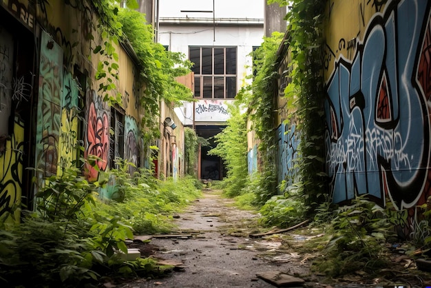 Foto di un vicolo urbano abbandonato con un muro coperto di graffiti