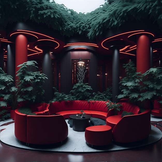 Foto di un vivace soggiorno adornato da divani rossi e lussureggiante vegetazione