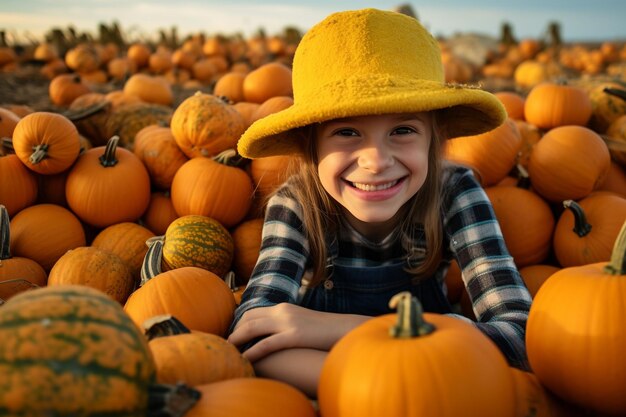 Foto di una bambina felice con delle zucche arancioni in un campo fuori