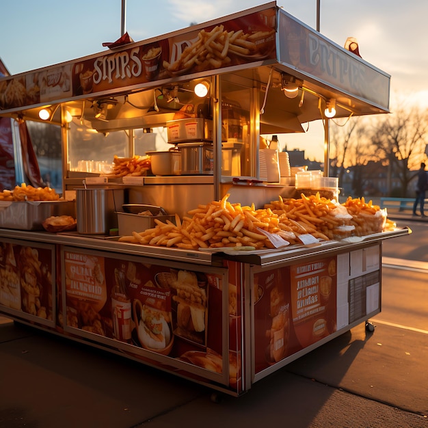 foto di una bancarella di patatine fritte in una luce del luna park