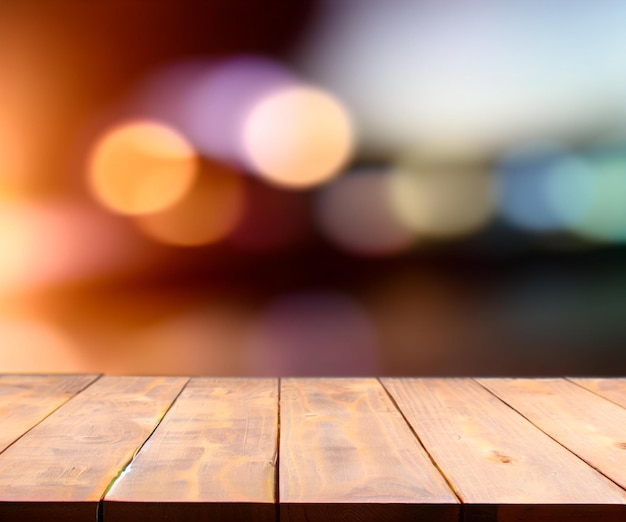 Foto di una base in legno con effetto bokeh sullo sfondo