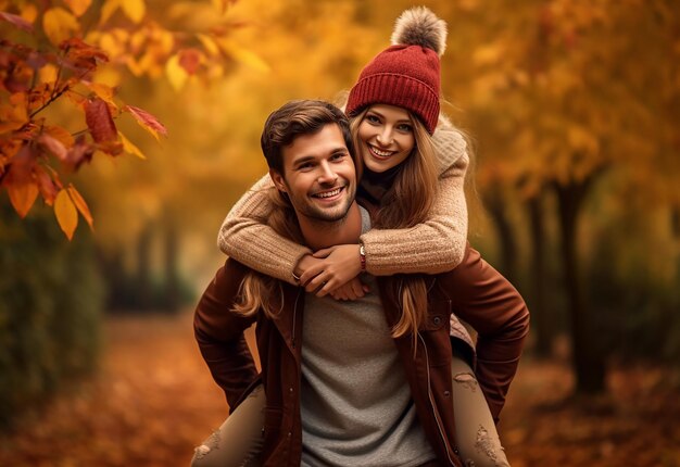 Foto di una bella coppia amorosa nella natura del parco autunnale