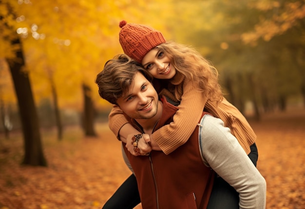 Foto di una bella coppia amorosa nella natura del parco autunnale