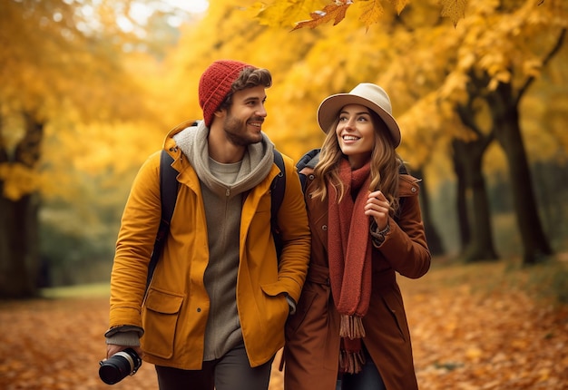 Foto di una bella coppia amorosa nella natura del parco autunnale