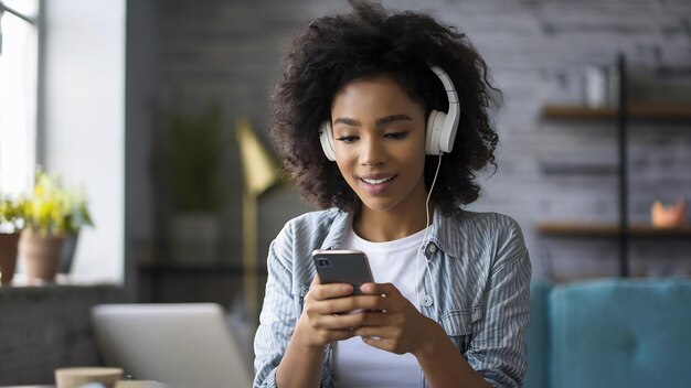Foto di una bella donna afroamericana concentrata su uno smartphone che si diverte a chattare online