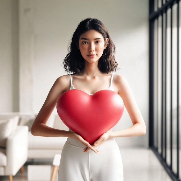 foto di una bella donna asiatica con un abito sportivo bianco che tiene una forma di cuore rossa prendete cura del simbolo in una stanza pulita minima generativa AI